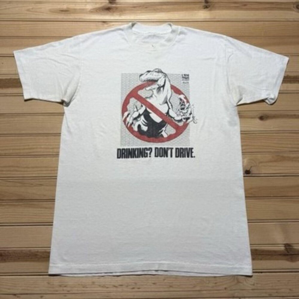 Vintage 80s 90s T-Rex Drinking Don’t Drive Cartoon UW Milwaukee Shirt Size Large